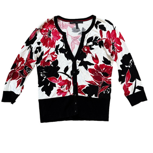 White House Black Market black red floral sweater cardigan sz XS